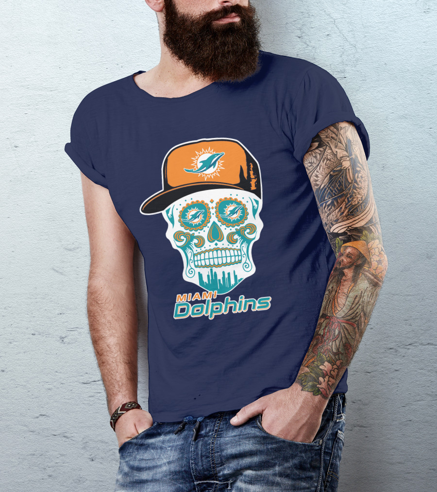 Miami Dolphins Sugar Skull Cap Art T-Shirt