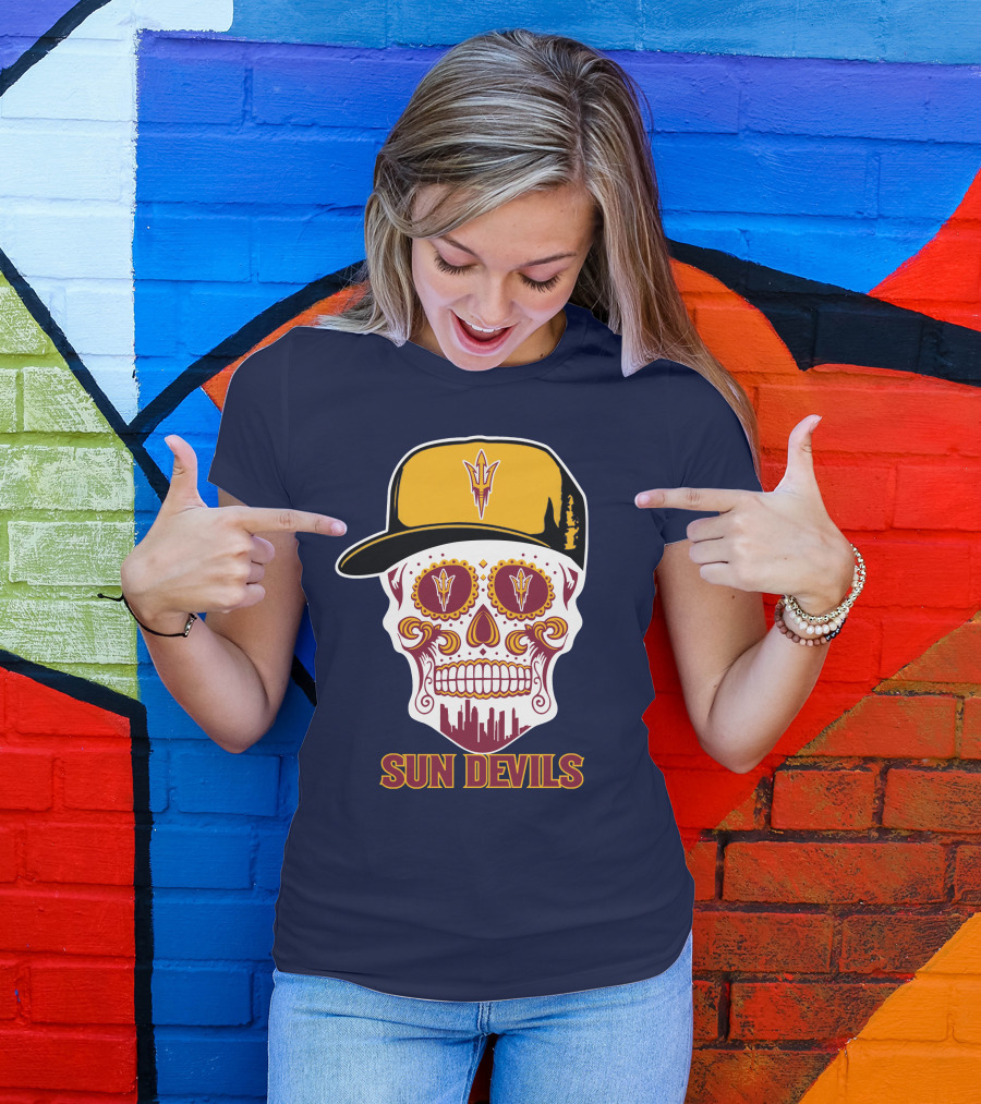 Sun Devils Sugar Skull With Arizona State Emblem Baseball Cap T-Shirt