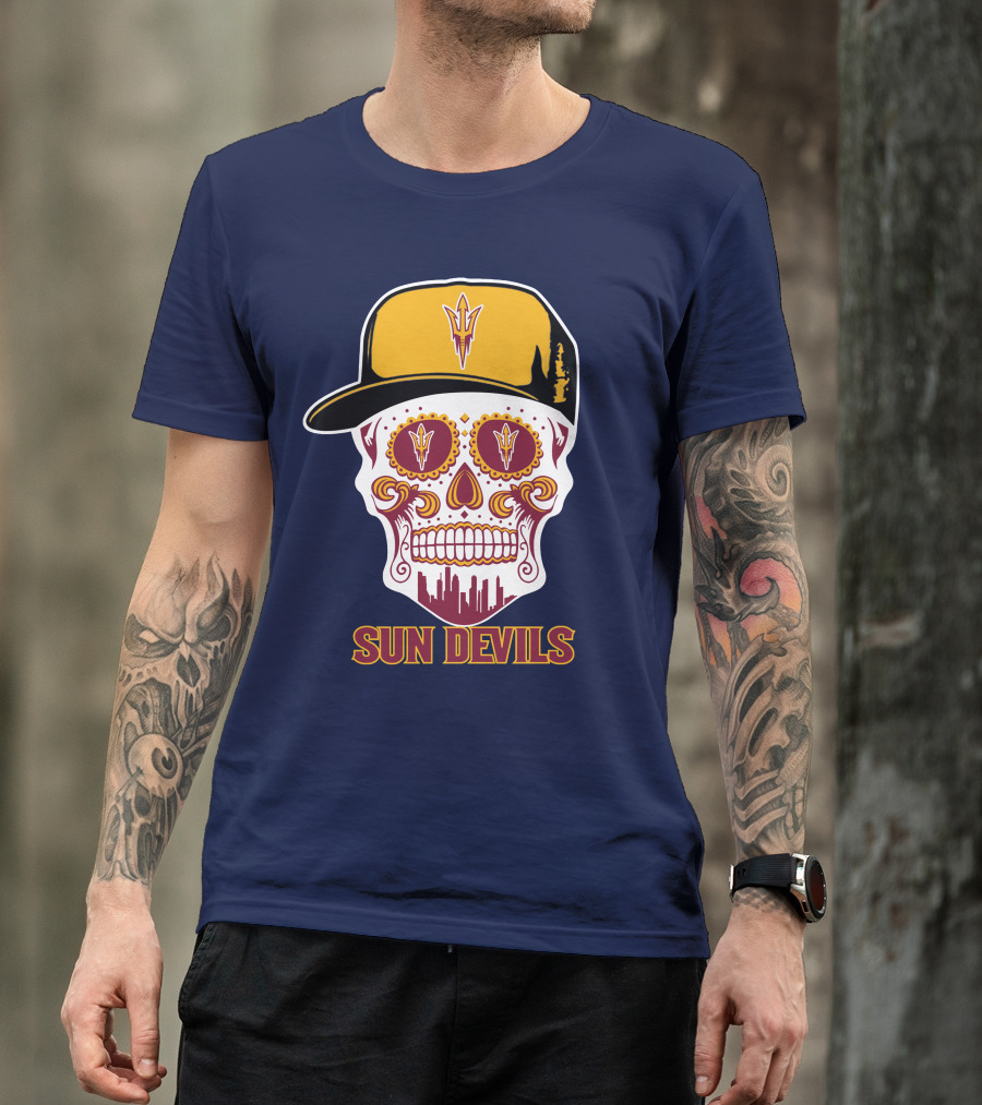 Sun Devils Sugar Skull With Arizona State Emblem Baseball Cap T-Shirt