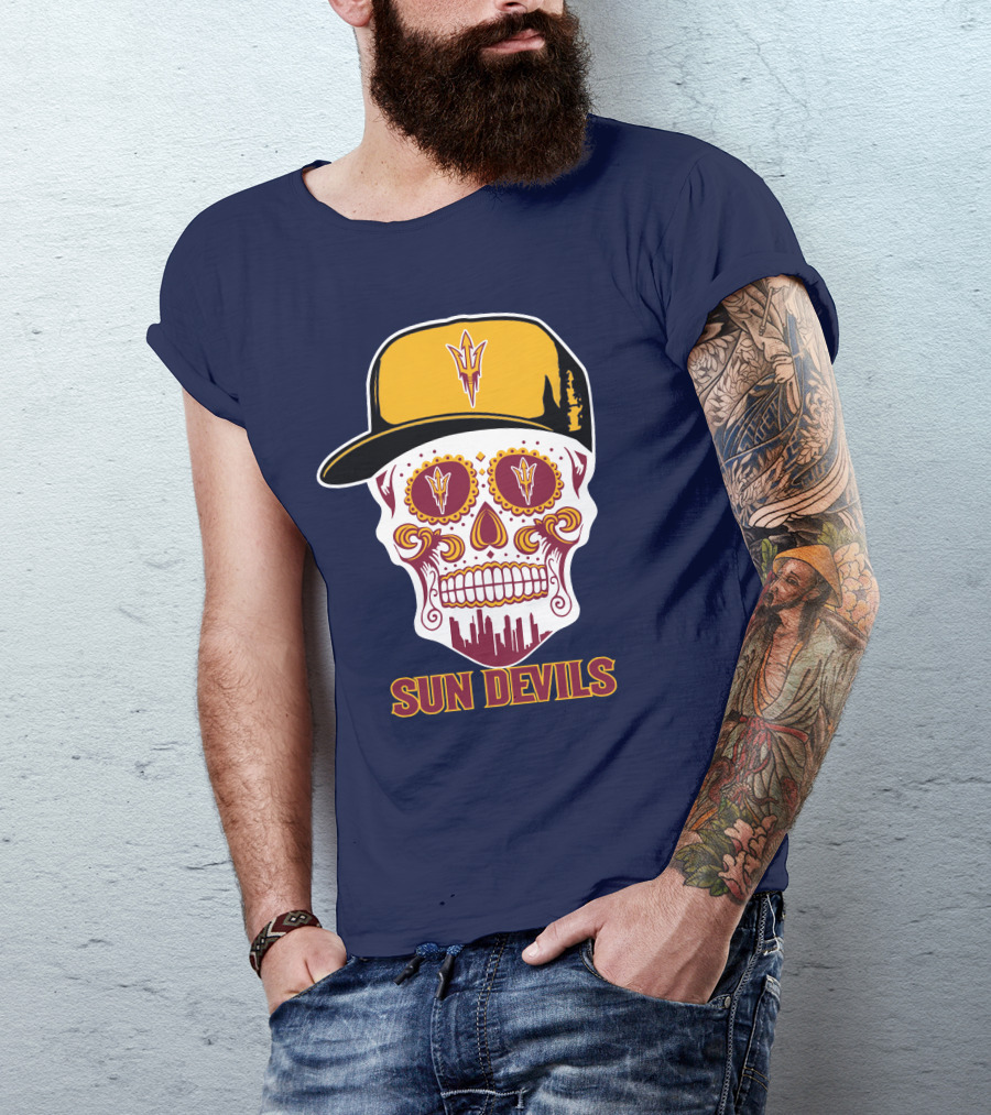 Sun Devils Sugar Skull With Arizona State Emblem Baseball Cap T-Shirt