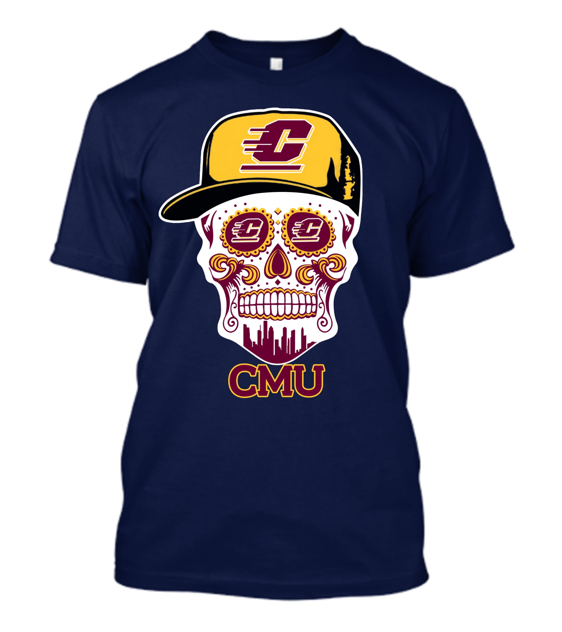 Cmu Central Michigan Chippewas Skull Logo With Cap And City Skyline T-Shirt