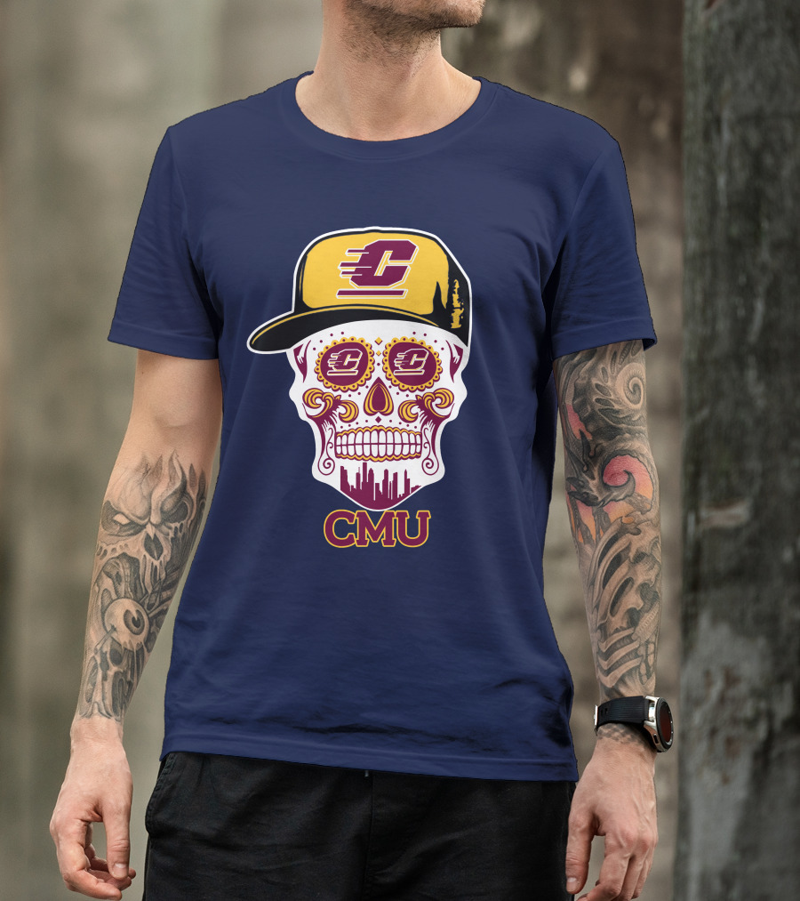 Cmu Central Michigan Chippewas Skull Logo With Cap And City Skyline T-Shirt