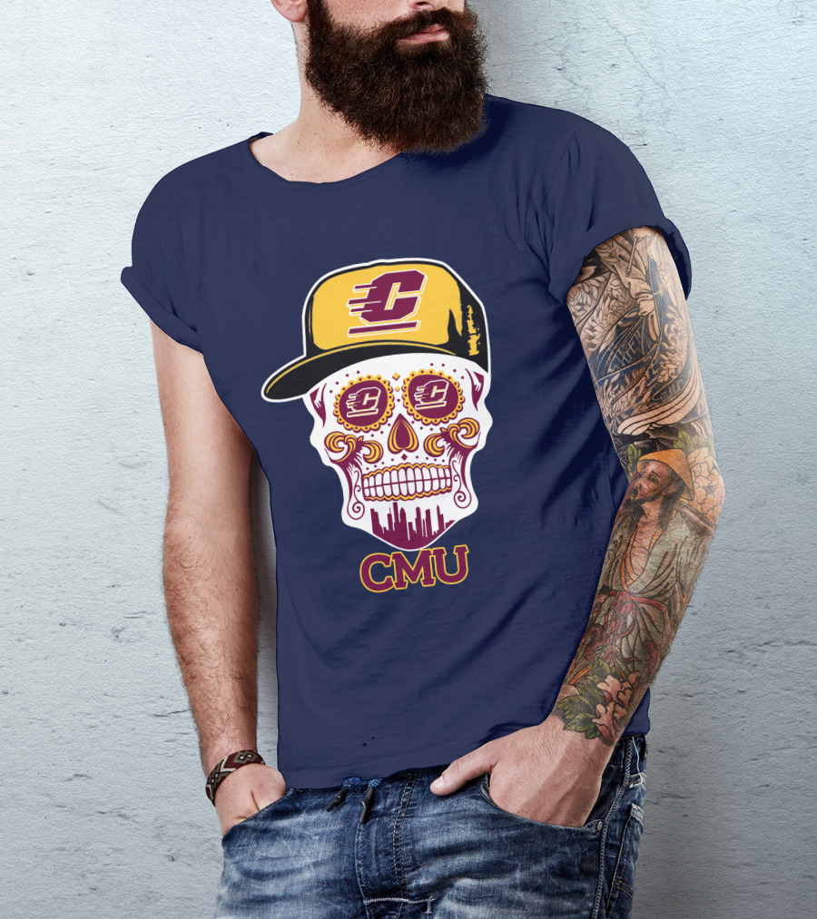 Cmu Central Michigan Chippewas Skull Logo With Cap And City Skyline T-Shirt