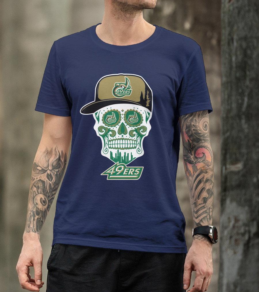 Charlotte 49ers Sugar Skull Green And Gold Logo With Hat T-Shirt