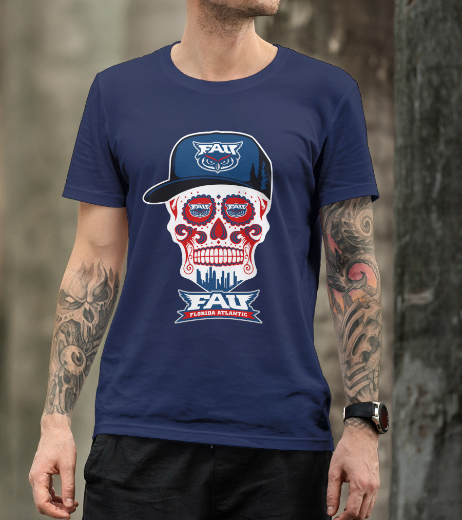 Fau Florida Atlantic Owls Sugar Skull With Cap T-Shirt