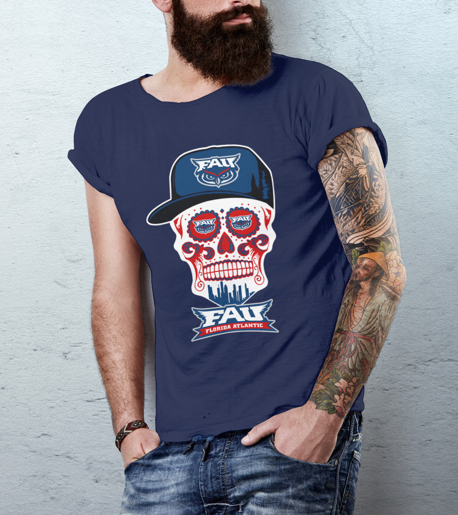 Fau Florida Atlantic Owls Sugar Skull With Cap T-Shirt