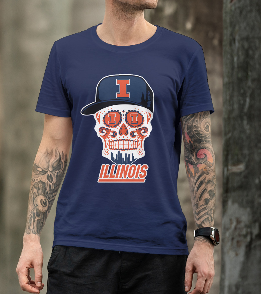 Illinois Fighting Illini Skull With Cap And Skyline T-Shirt
