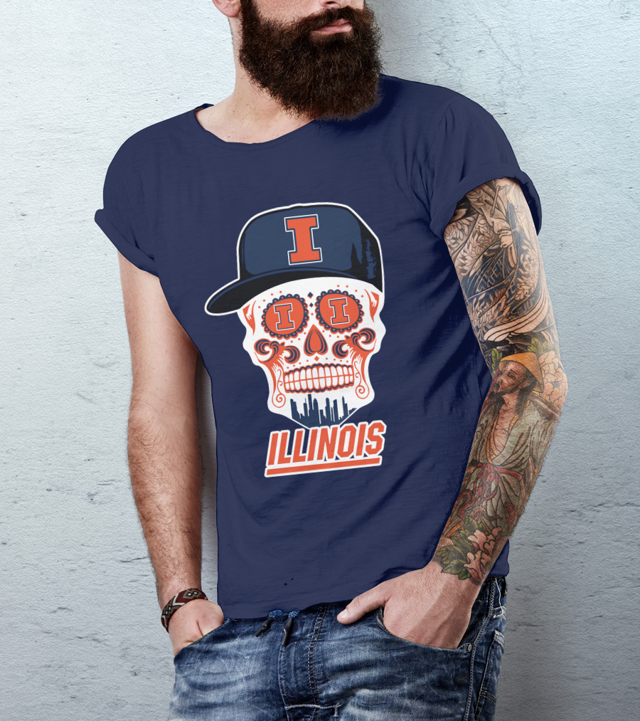 Illinois Fighting Illini Skull With Cap And Skyline T-Shirt
