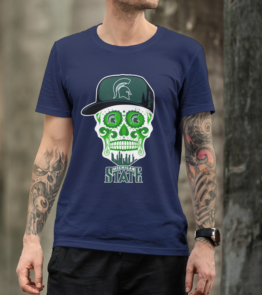 Michigan State Spartans Sugar Skull With Spartan Helmet Icon And City Skyline T-Shirt
