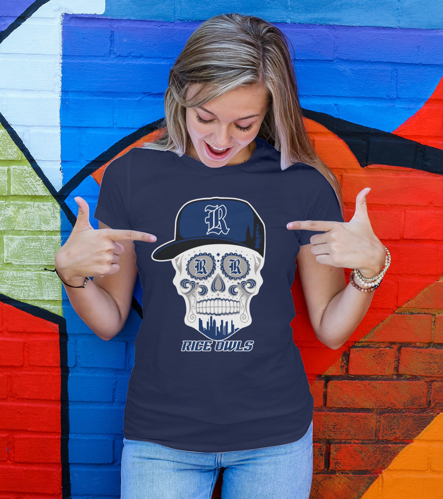 Rice Owls Skull With Cap And City Skyline T-Shirt