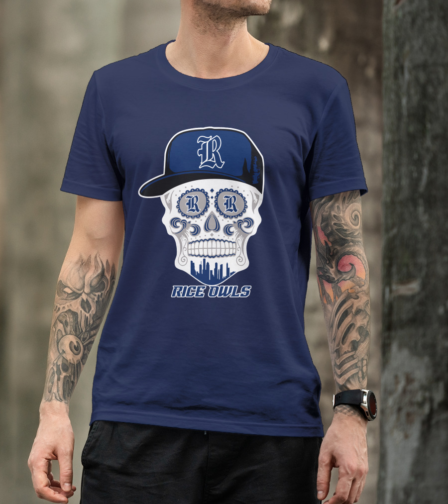 Rice Owls Skull With Cap And City Skyline T-Shirt