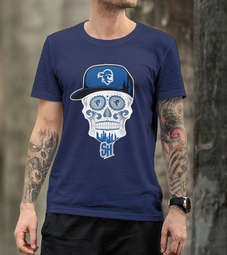 Seton Hall Pirates Sugar Skull Design With Pirate Cap And Sh T-Shirt