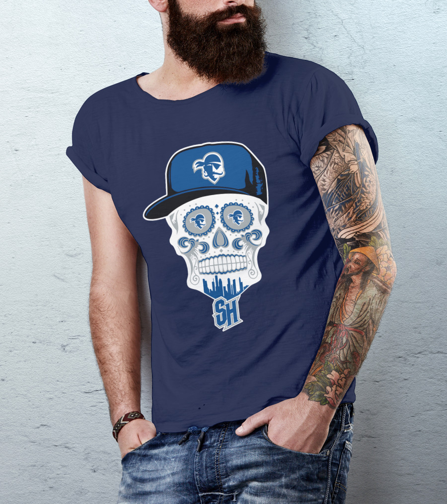 Seton Hall Pirates Sugar Skull Design With Pirate Cap And Sh T-Shirt