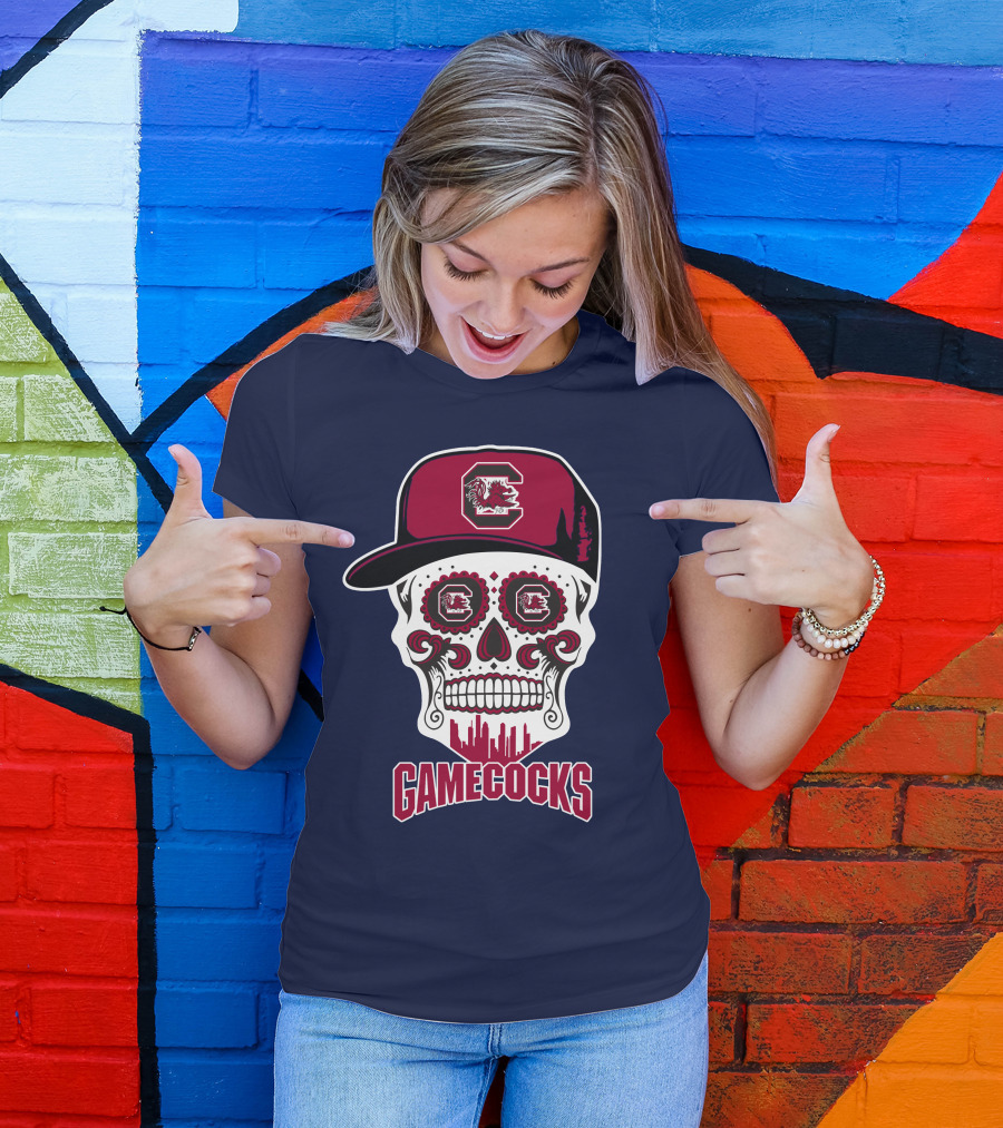 South Carolina Gamecocks Skull Design With Hat And Icons T-Shirt
