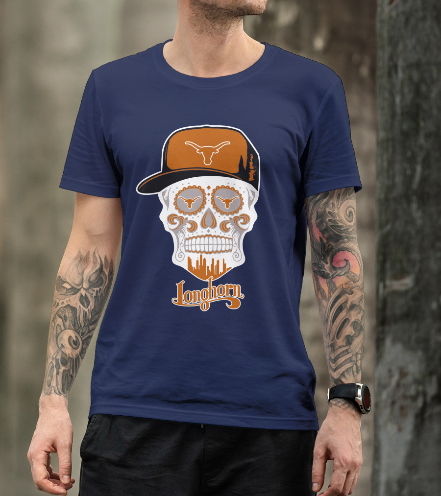 Longhorns Skull With Texas Longhorns Cap And Austin Skyline T-Shirt