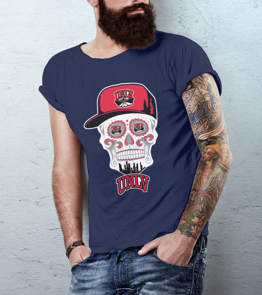 Unlv Rebels Skull With Cap Design Featuring Mascot Logo And Skyline T-Shirt