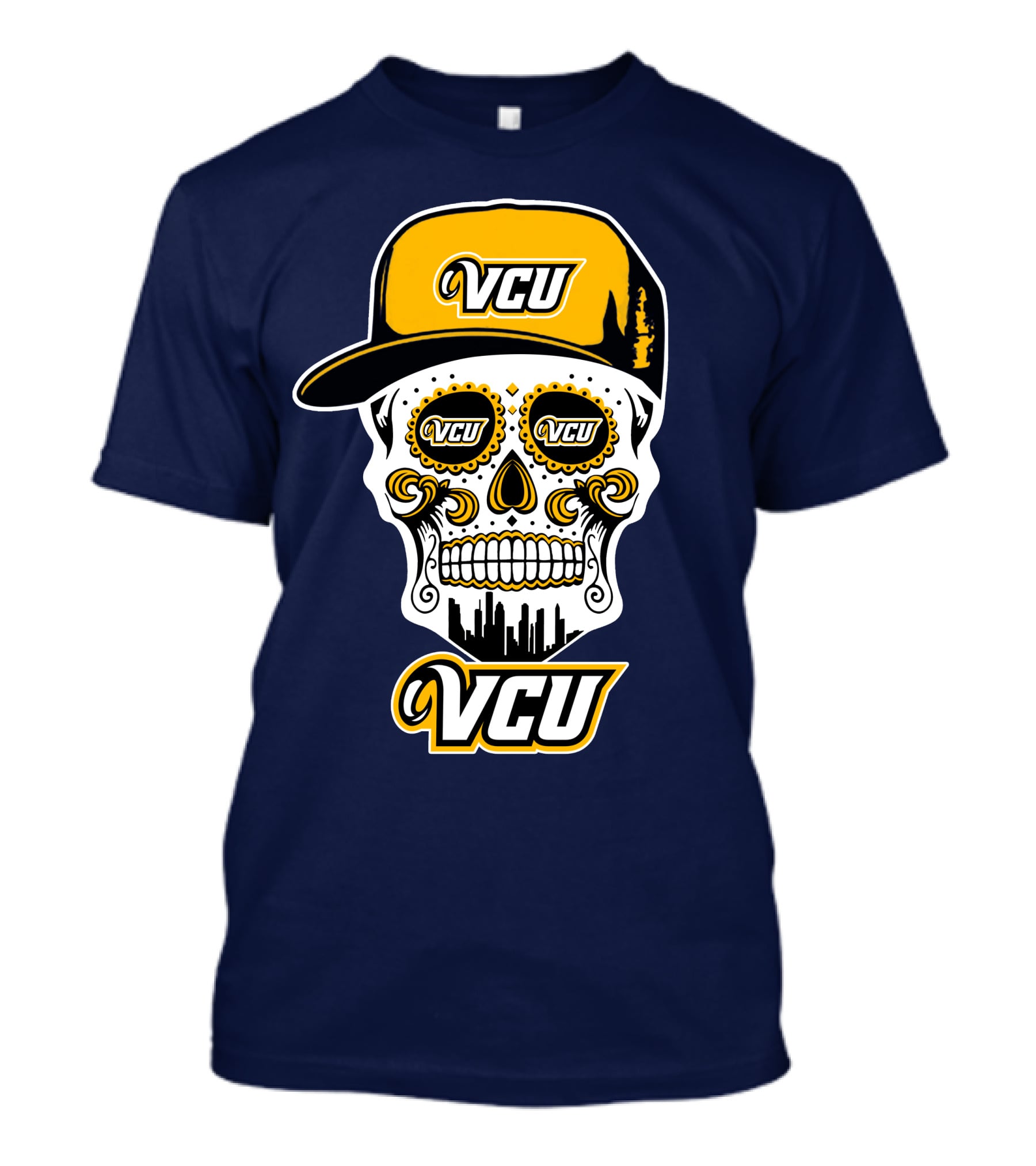 Vcu Rams Dia De Los Muertos Skull With Iconic Cap And Skyline T-Shirt