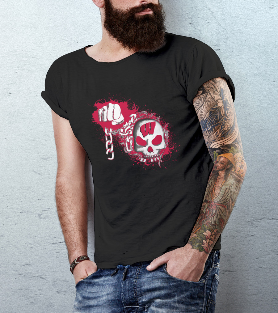 W Skull And Fist With Chain Red And White T-Shirt