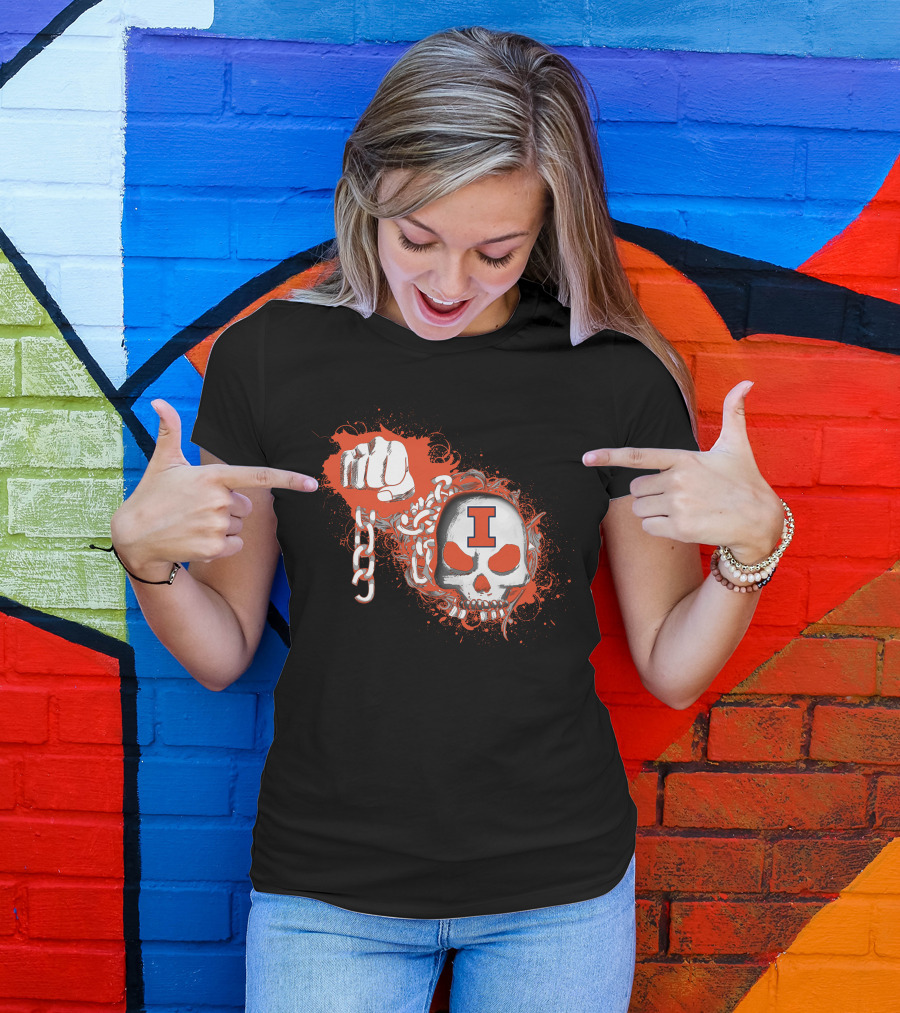 Illinois Fighting Illini Skull And Fist Design With Orange I T-Shirt