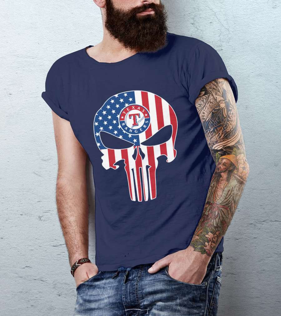 Texas Rangers Punisher Skull American Flag T-Shirt