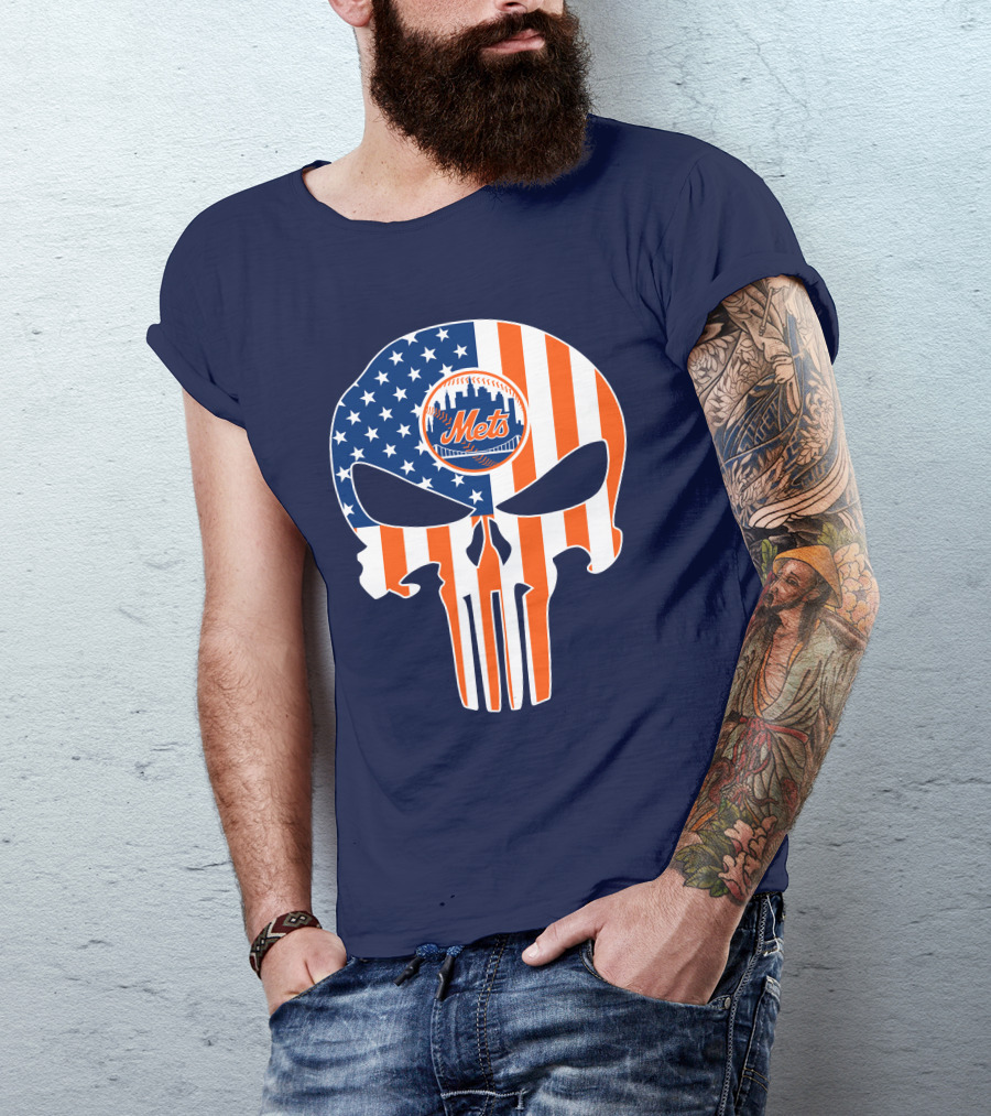 New York Mets Punisher Skull American Flag T-Shirt
