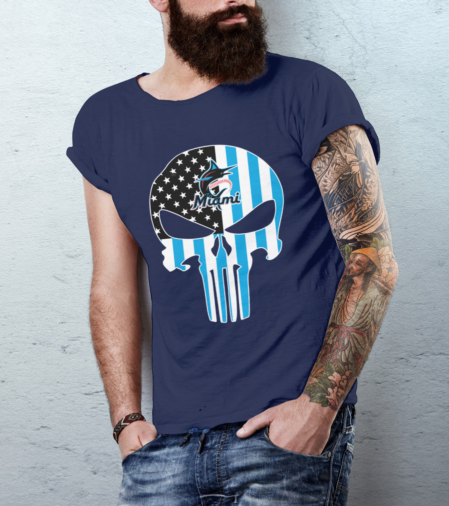 Miami Marlins Punisher Skull American Flag Fusion T-Shirt