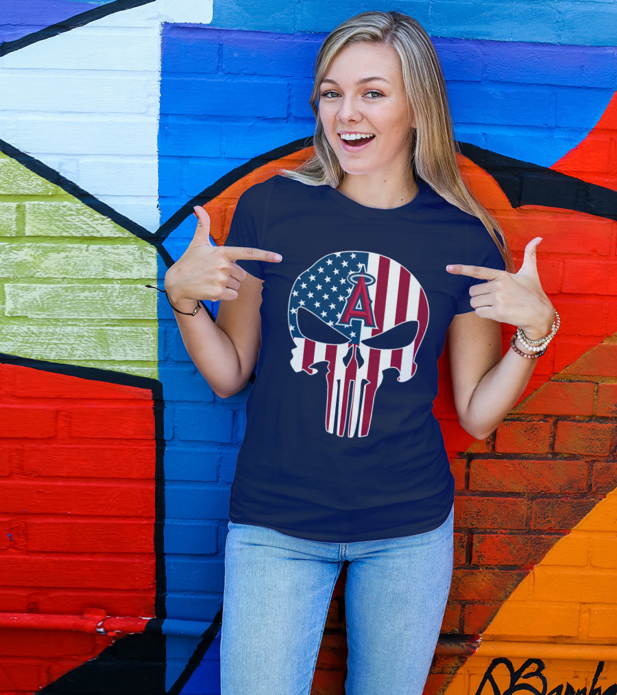 Los Angeles Angels Punisher Skull American Flag T-Shirt