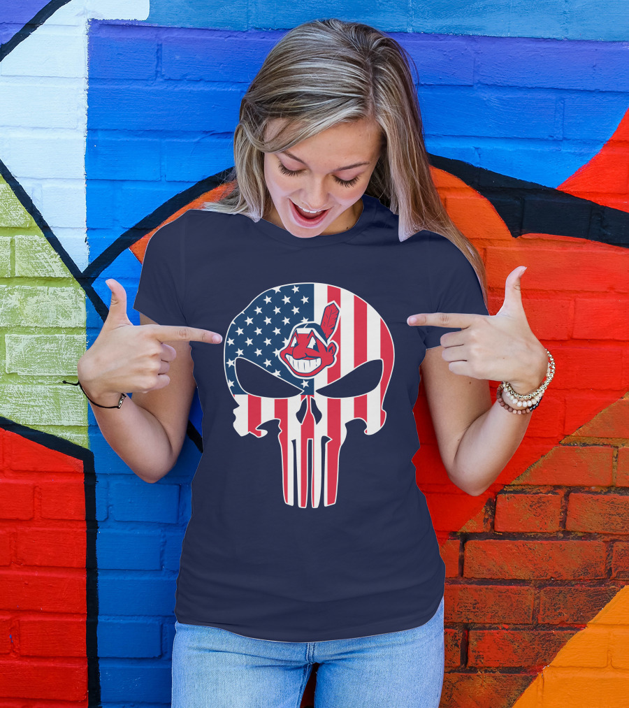 Indians The Punisher Skull American Flag Red White Blue T-Shirt