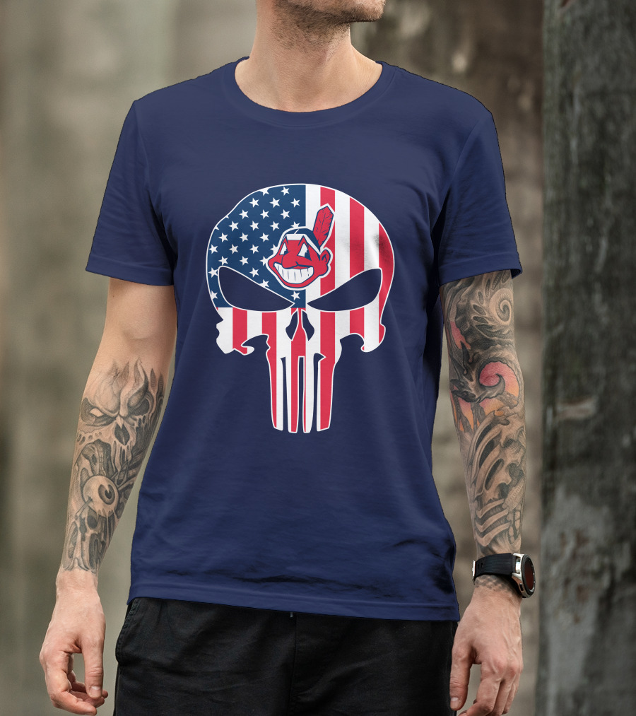 Indians The Punisher Skull American Flag Red White Blue T-Shirt