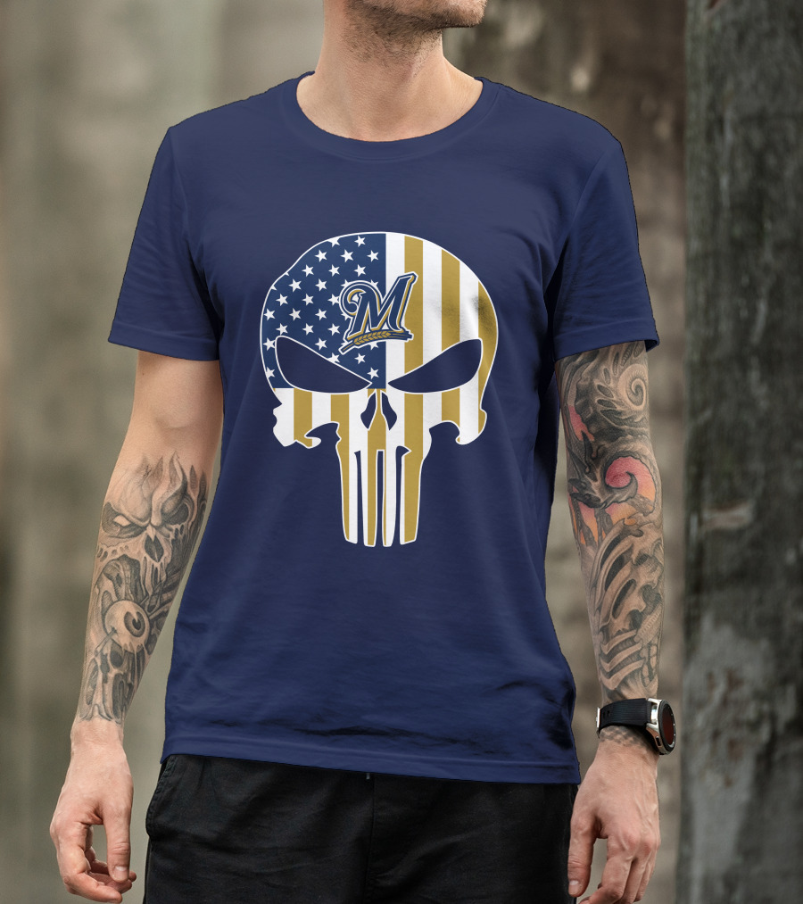Milwaukee Brewers Punisher Skull American Flag T-Shirt