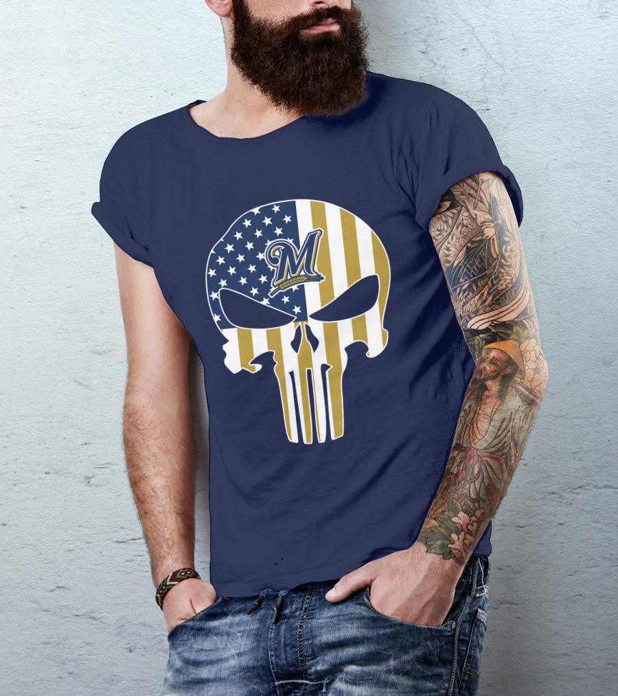 Milwaukee Brewers Punisher Skull American Flag T-Shirt