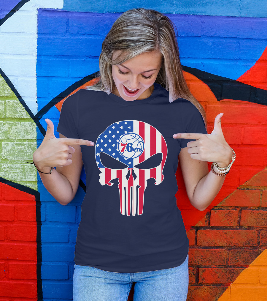 Philadelphia 76ers American Flag Punisher Style Skull T-Shirt