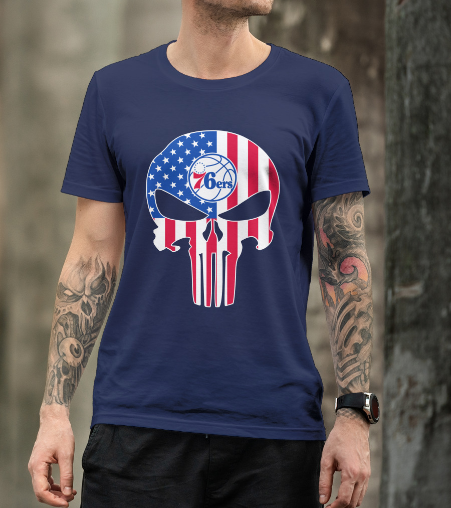 Philadelphia 76ers American Flag Punisher Style Skull T-Shirt