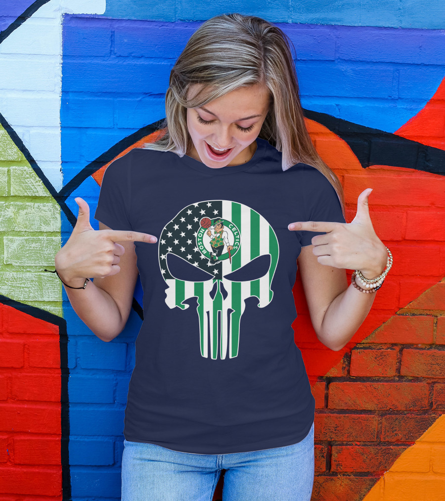 Boston Celtics Punisher Logo American Flag Skull T-Shirt