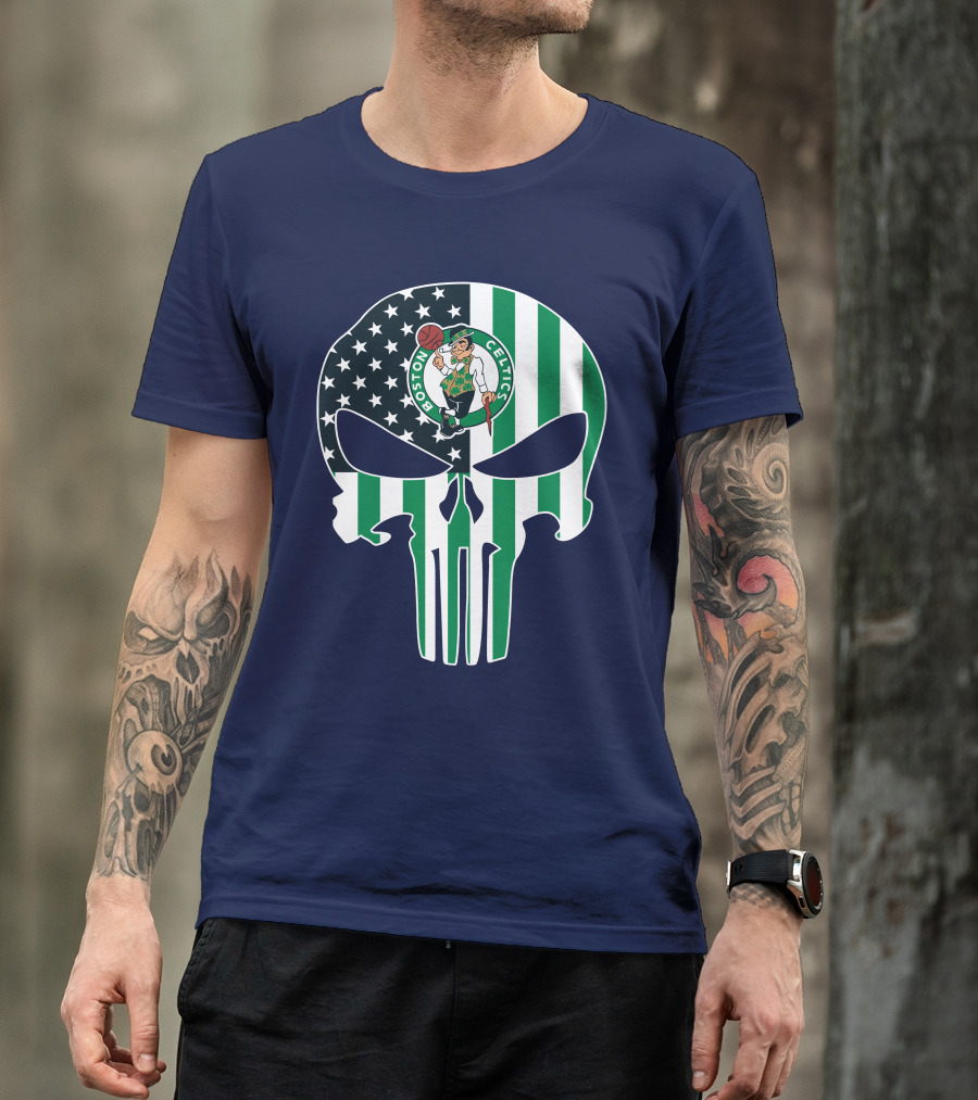 Boston Celtics Punisher Logo American Flag Skull T-Shirt