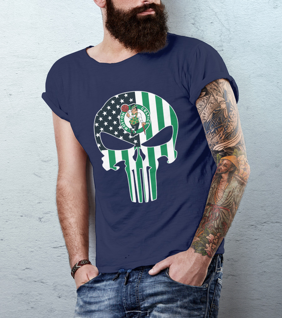 Boston Celtics Punisher Logo American Flag Skull T-Shirt