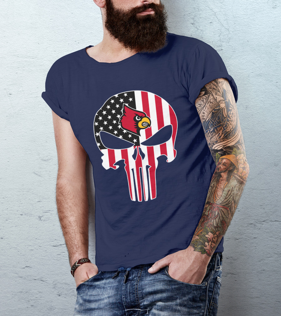 American Flag Punisher Skull Louisville Cardinals T-Shirt