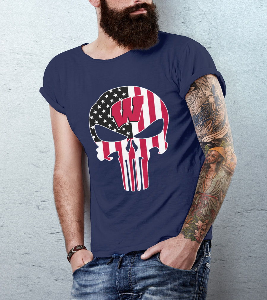 Wisconsin Badgers Punisher Skull American Flag T-Shirt