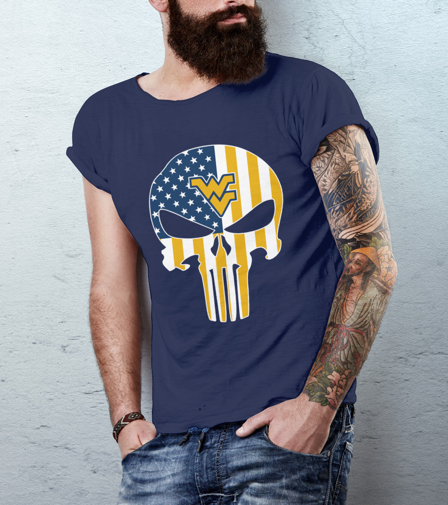 West Virginia Mountaineers The Punisher American Flag Skull T-Shirt