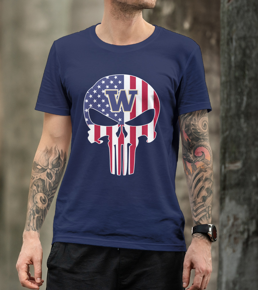 Washington Huskies The Punisher American Flag Skull W T-Shirt