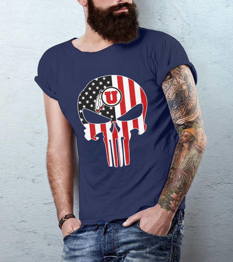 Utah Utes U Logo Punisher Skull American Flag T-Shirt