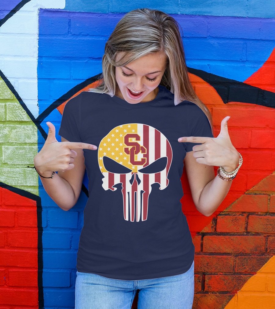 Usc Trojans Skull Punisher American Flag T-Shirt