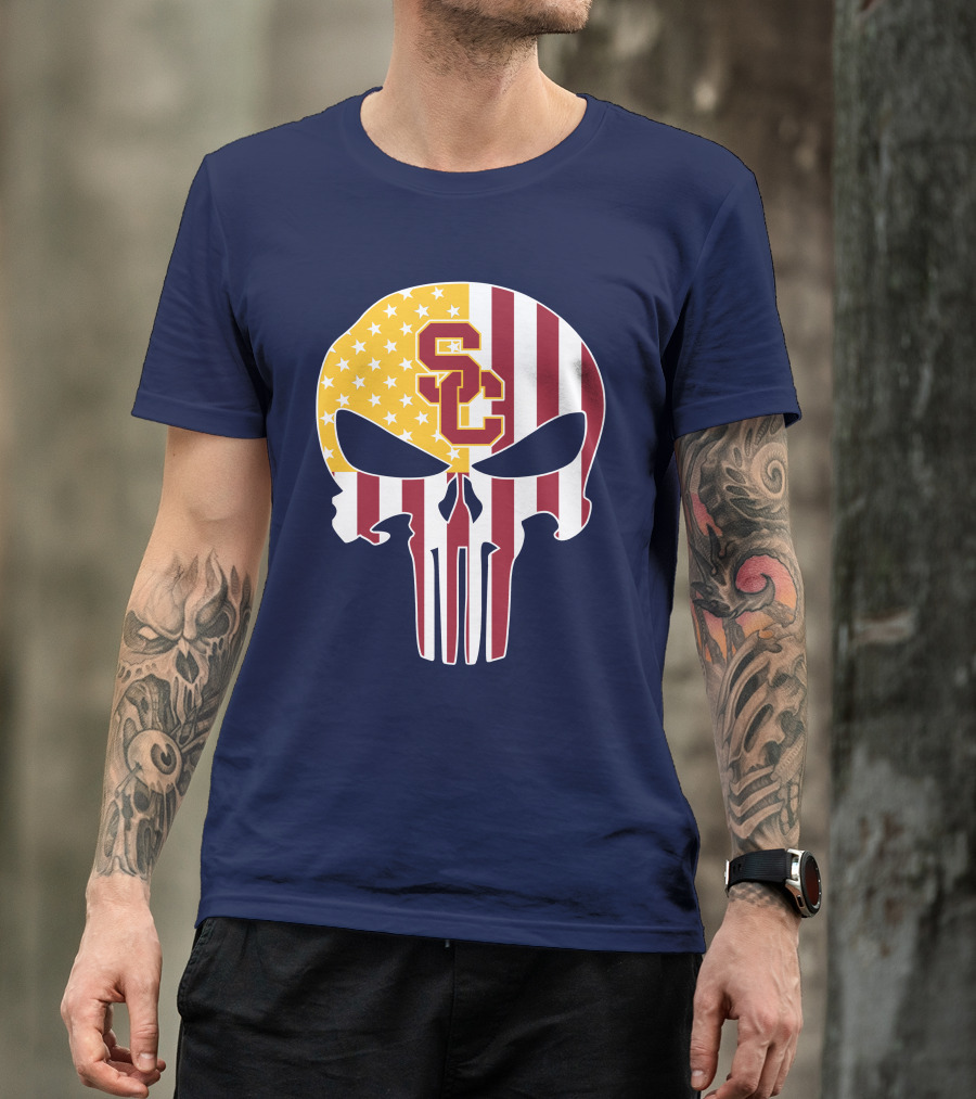 Usc Trojans Skull Punisher American Flag T-Shirt