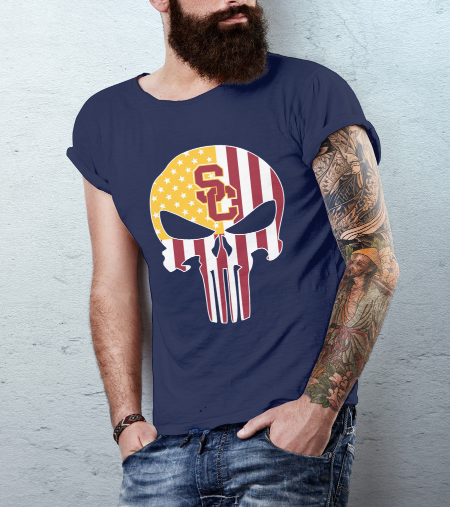 Usc Trojans Skull Punisher American Flag T-Shirt