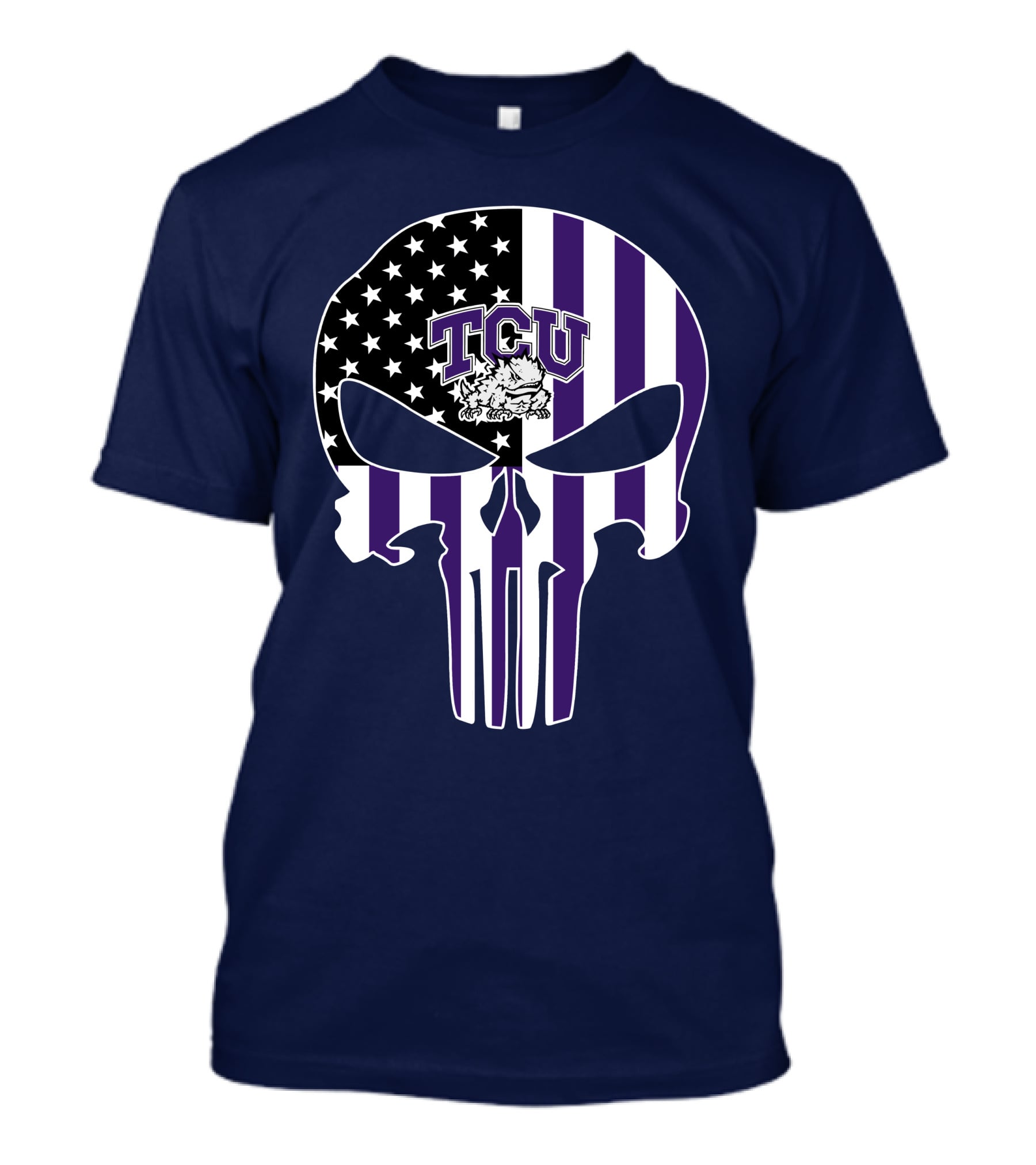 Tcu Horned Frogs Logo With American Flag Punisher Skull T-Shirt
