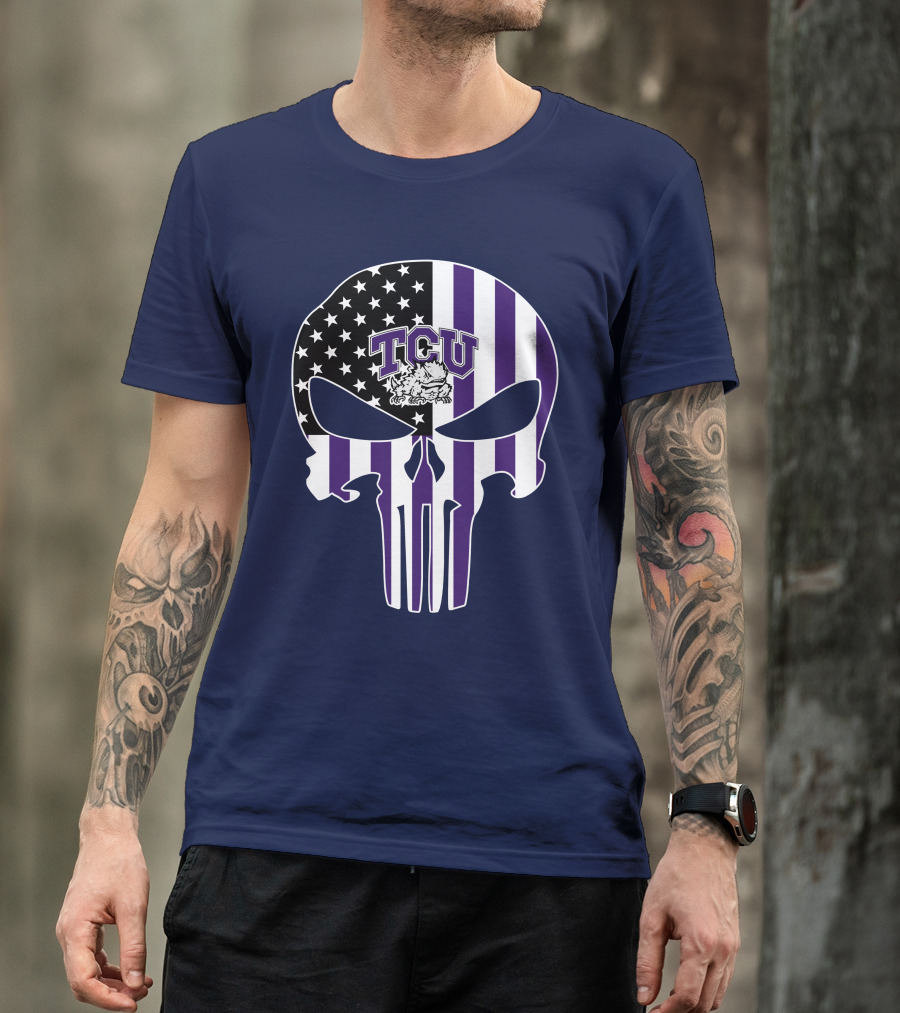 Tcu Horned Frogs Logo With American Flag Punisher Skull T-Shirt