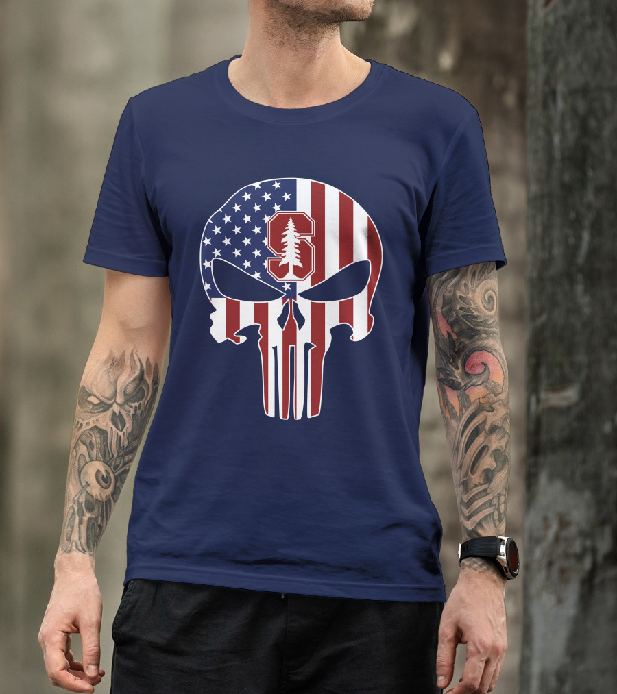 Stanford Cardinal Punisher Skull American Flag T-Shirt