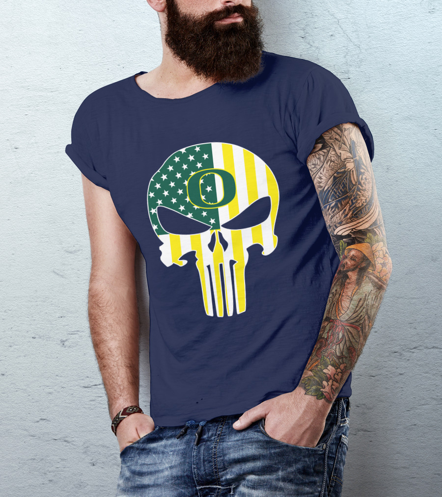 Oregon Ducks Punisher Skull American Flag T-Shirt