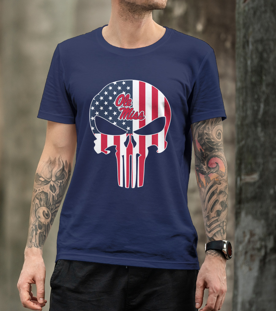 Ole Miss Rebels American Flag Punisher Skull T-Shirt