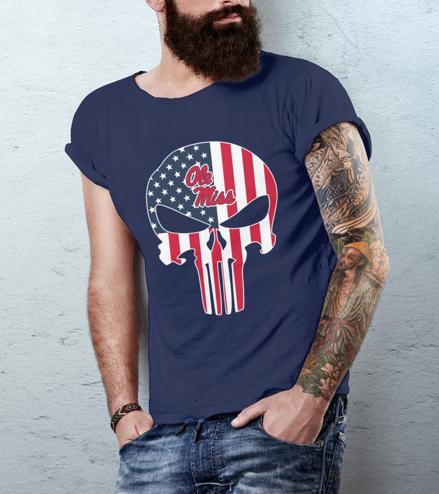 Ole Miss Rebels American Flag Punisher Skull T-Shirt